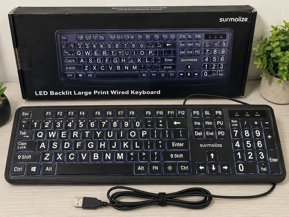 Large Print USB Wired Keyboard LED Backlight Black for Computer PC Laptop